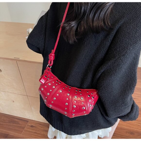 Red Micro Studded Hobo Bag with Knot Handles - Picture 3 of 10